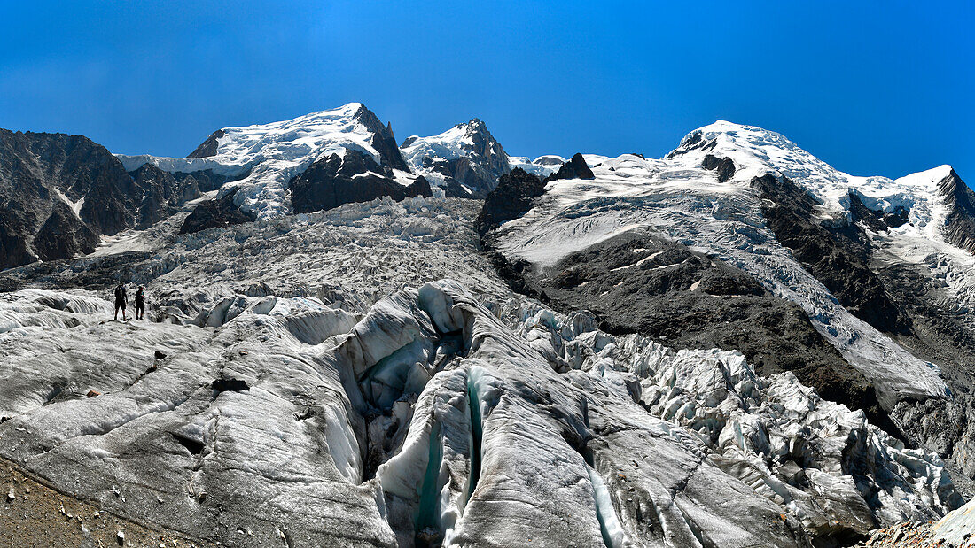 La (the) Jonction, Bossons glacier, Mont Blanc du Tacul, Monte Maudit and Mont Blanc on background, Chamonix, France