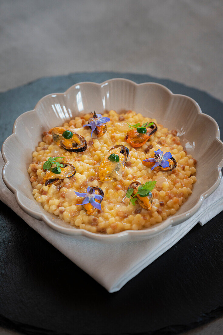 Fregola pasta with mussels