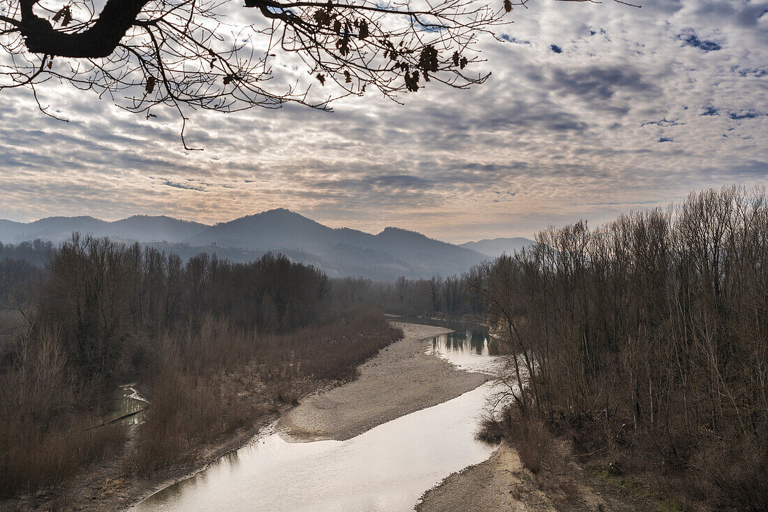 The river Reno in winter. Sasso Marconi, Metropolitan city of Bologna, Emilia Romagna, Italy, Europe.