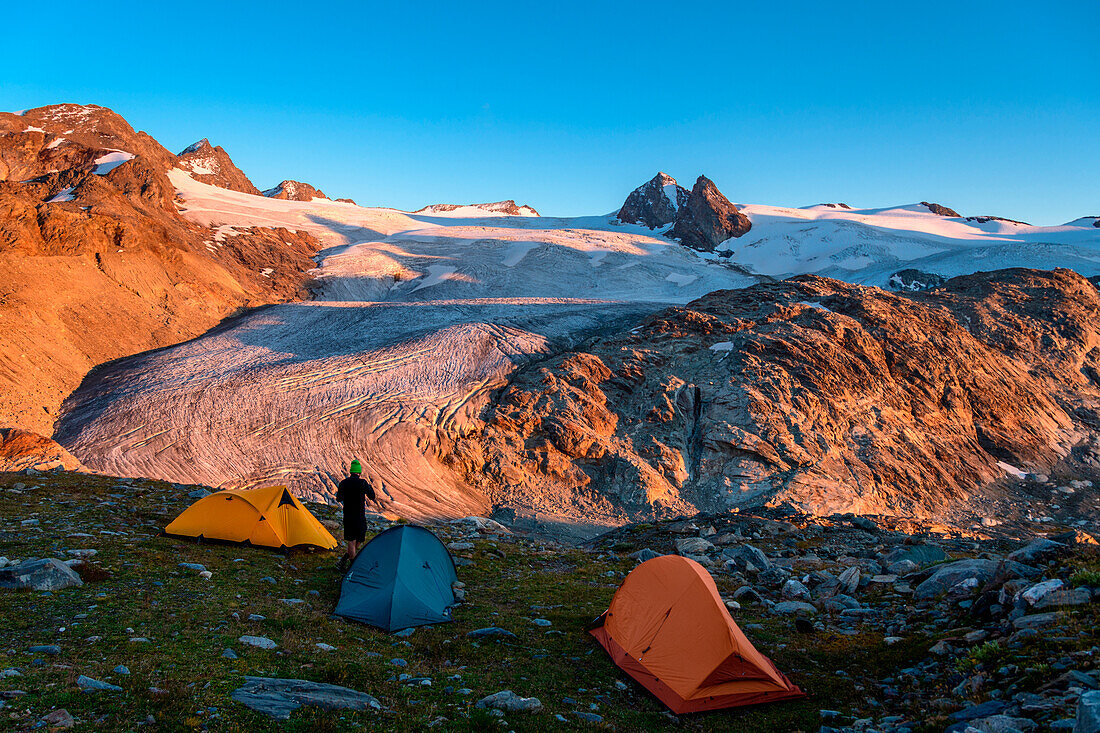Zelten in der Nähe des Rutor (Ruitor) Gletschers, (Rutor, Vedette im Hintergrund), La Thuile Tal, Aostatal, Italien, Europa