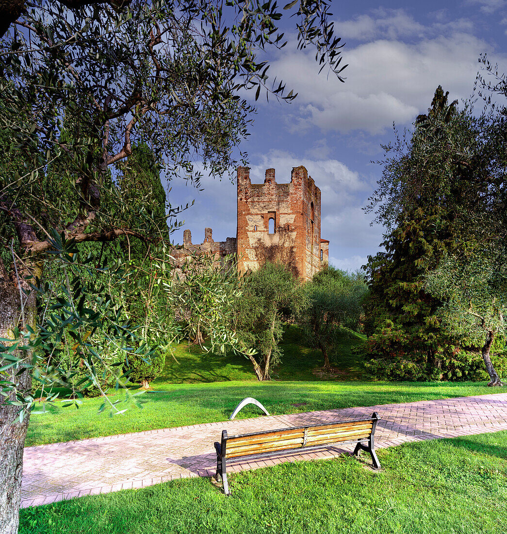 Lazise del Garda, park with tower of the castle, Lago di Garda, Verona province, Veneto, Italy