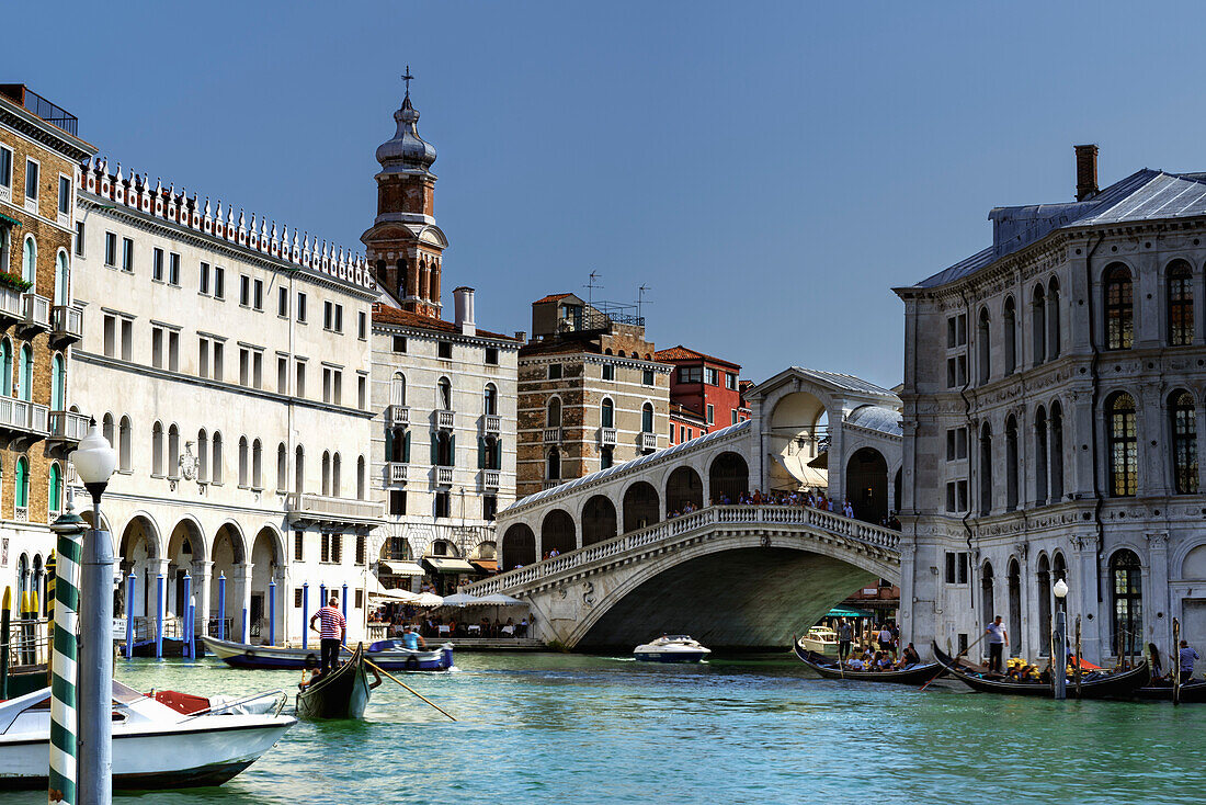 Venedig, Rialtobrücke im Sommer mit Gondel und Touristen, Venezia, Venedig, Venetien, Italia, Italien, Europa, Südeuropa