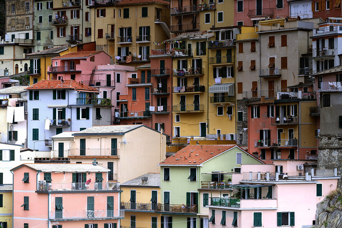 photographic close-up of typical houses in Manarola, La Spezia, Cinque Terre, Italy, Europe, South Europe
