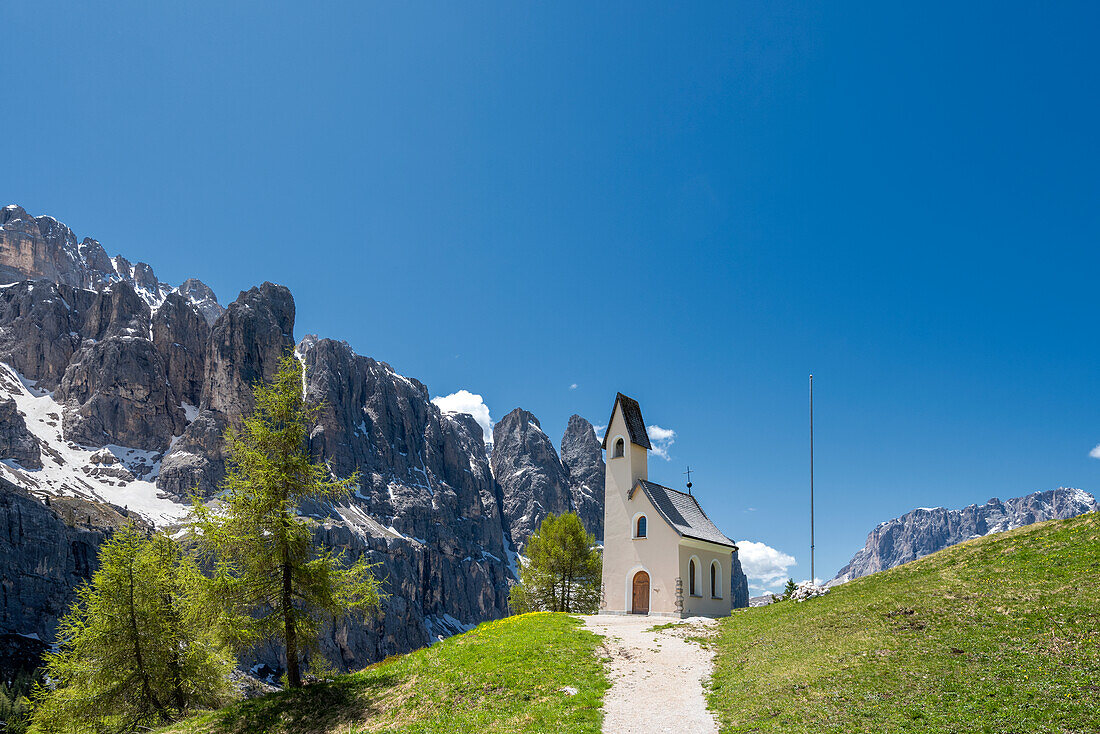 Passo Gardena, Dolomites, South Tyrol, Italy. Chapel on the Passo Gardena.