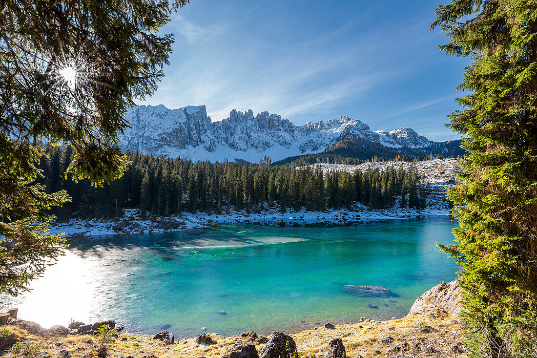 Carezza, Dolomites, South Tyrol, Italy. The Carezza Lake/Karersee and the Mount Latemar