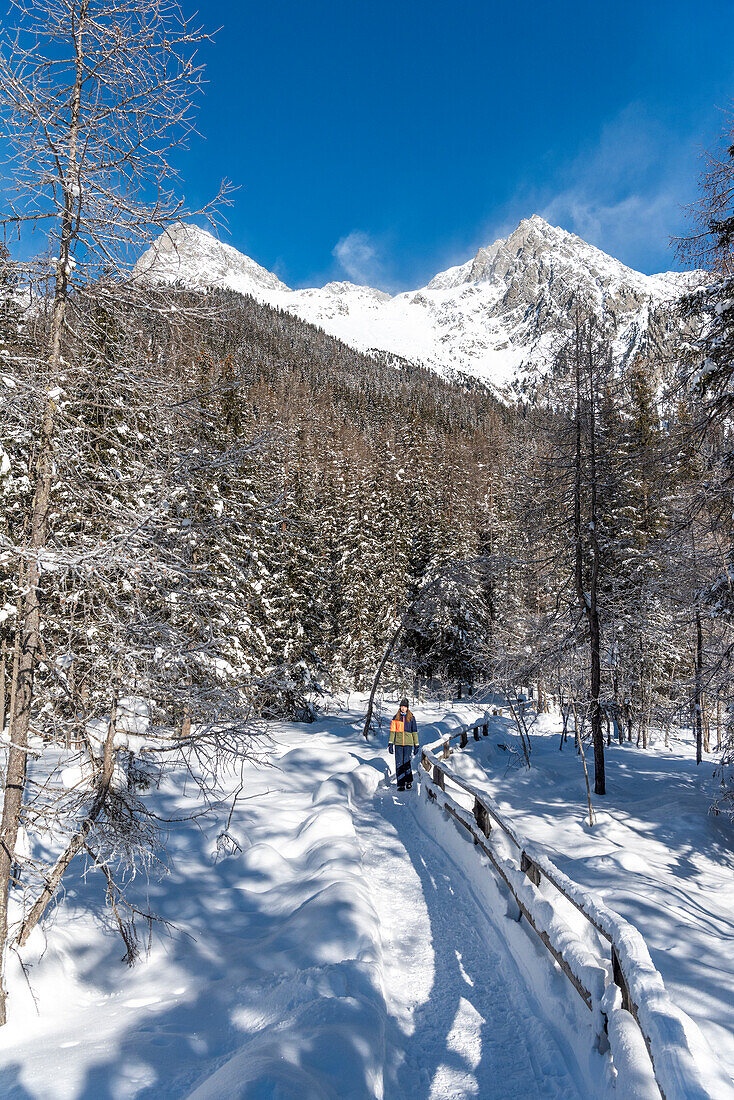 Anterselva / Antholz, province of Bolzano, South Tyrol, Italy. Hiking on the nature trail near the lake Anterselva