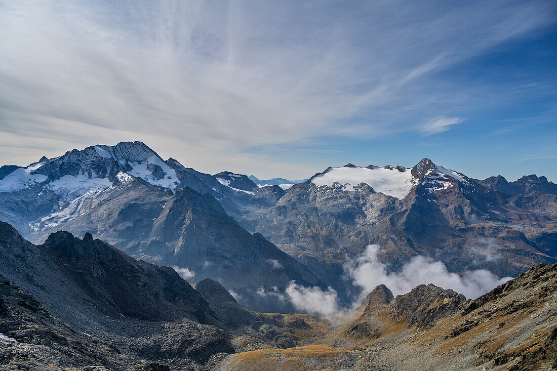 Riva di Tures, Campo Tures, province of Bolzano, South Tyrol, Italy, Europe. Panorama from the summit of the Mount Dreieck. On the left the Collalto, on the right the Monte Nevoso