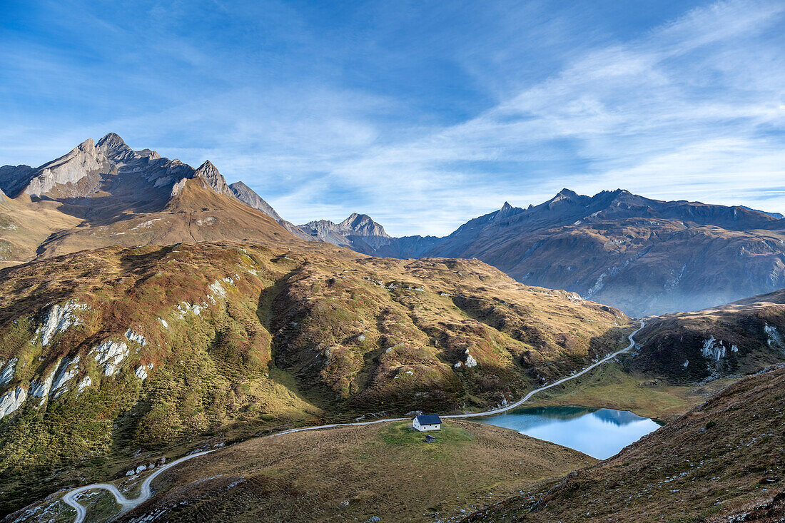 Riva di Tures, Campo Tures, province of Bolzano, South Tyrol, Italy, Europe. The Lake Klamml with the abandoned border guard hut