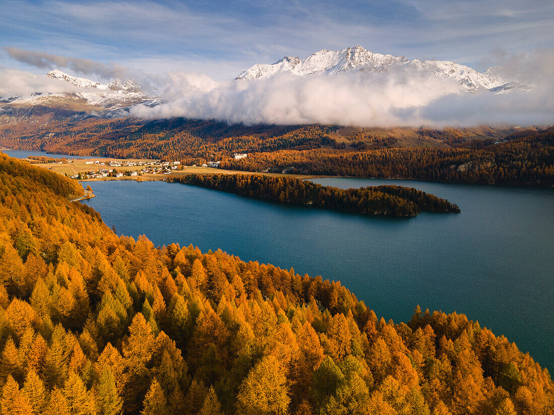 Aerial view in Engadina, Canton of Grisons, Switzerland, Europe.