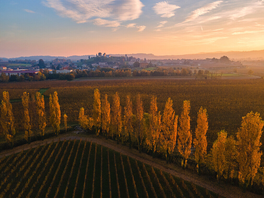 Sunset over Franciacorta and Torbiere del Sebino natural reserve, Brescia province in Italy, Lombardy, Europe.