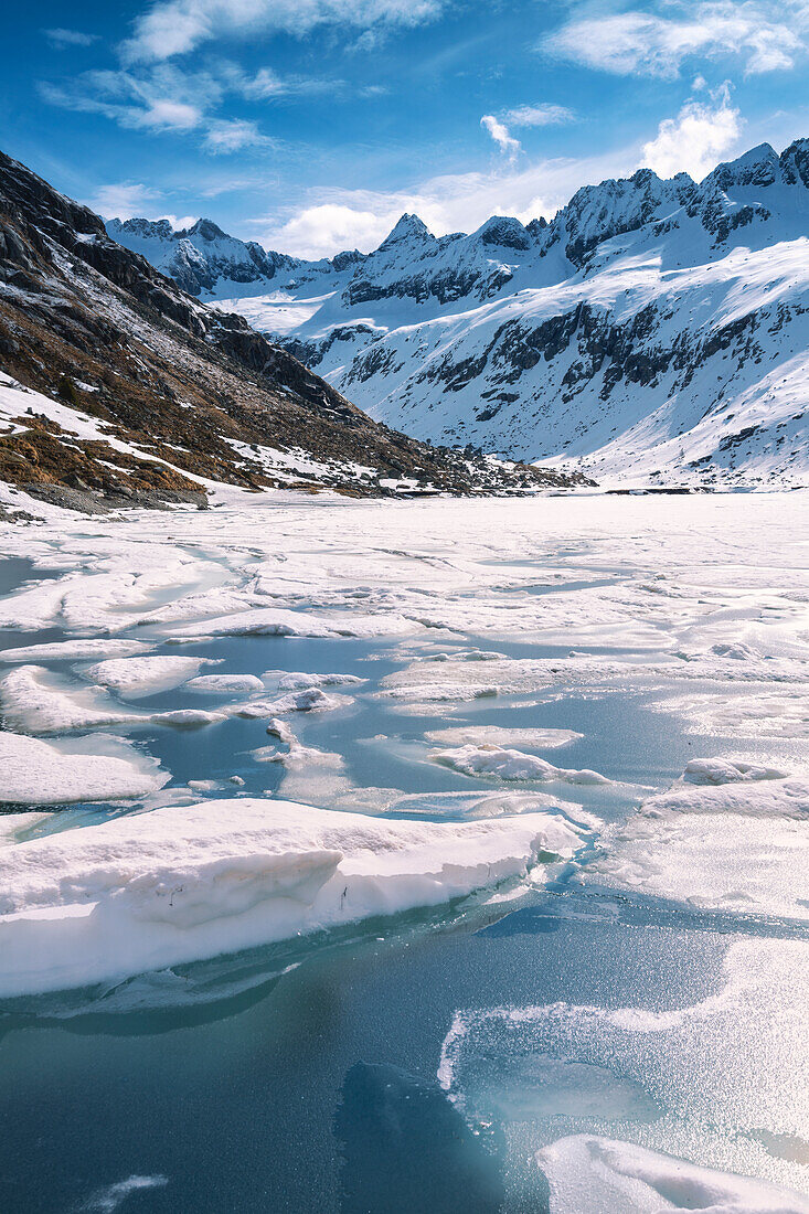 Alpine lakes at thaw in winter season, Brescia province in Lombardy district, Italy, Europe.