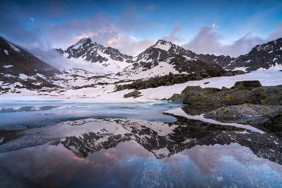 Alpine lakes at thaw in winter season, Brescia province in Lombardy district, Italy, Europe.