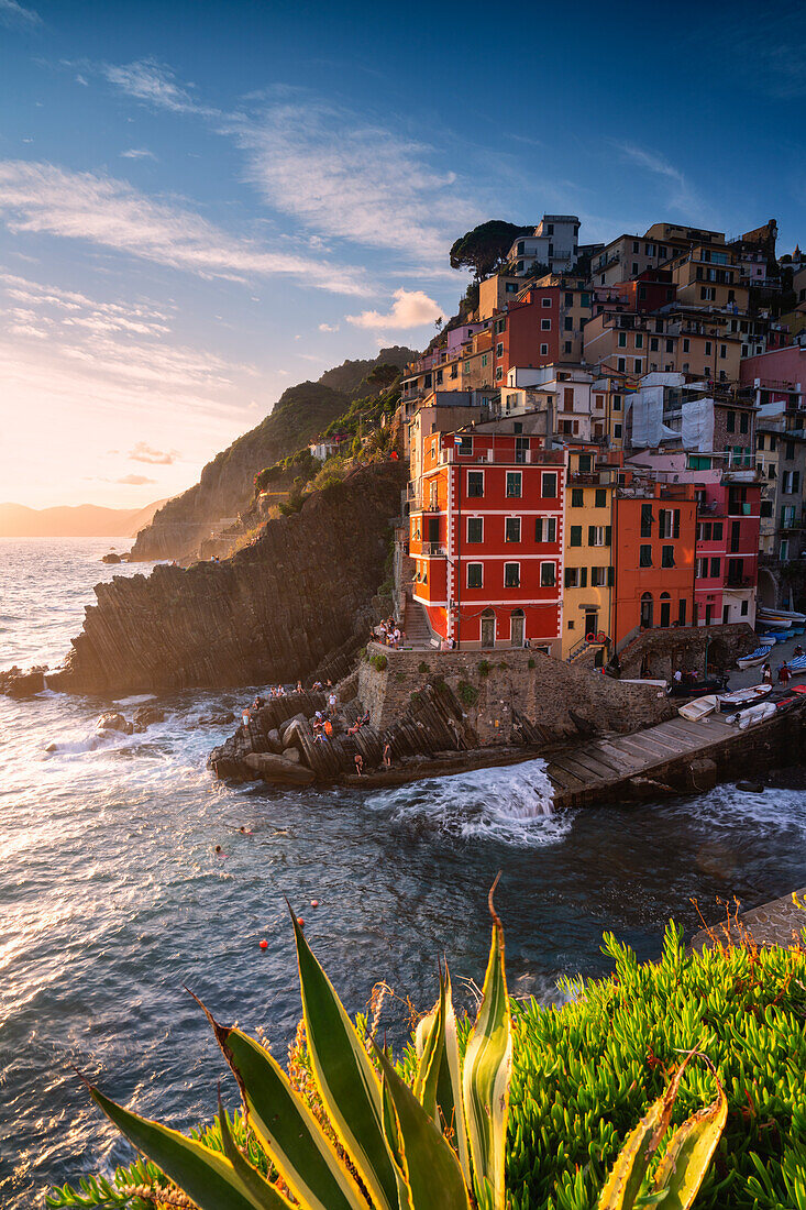 Riomaggiore at sunset, Cinque terre natural park in Liguria, Italy, Europe.