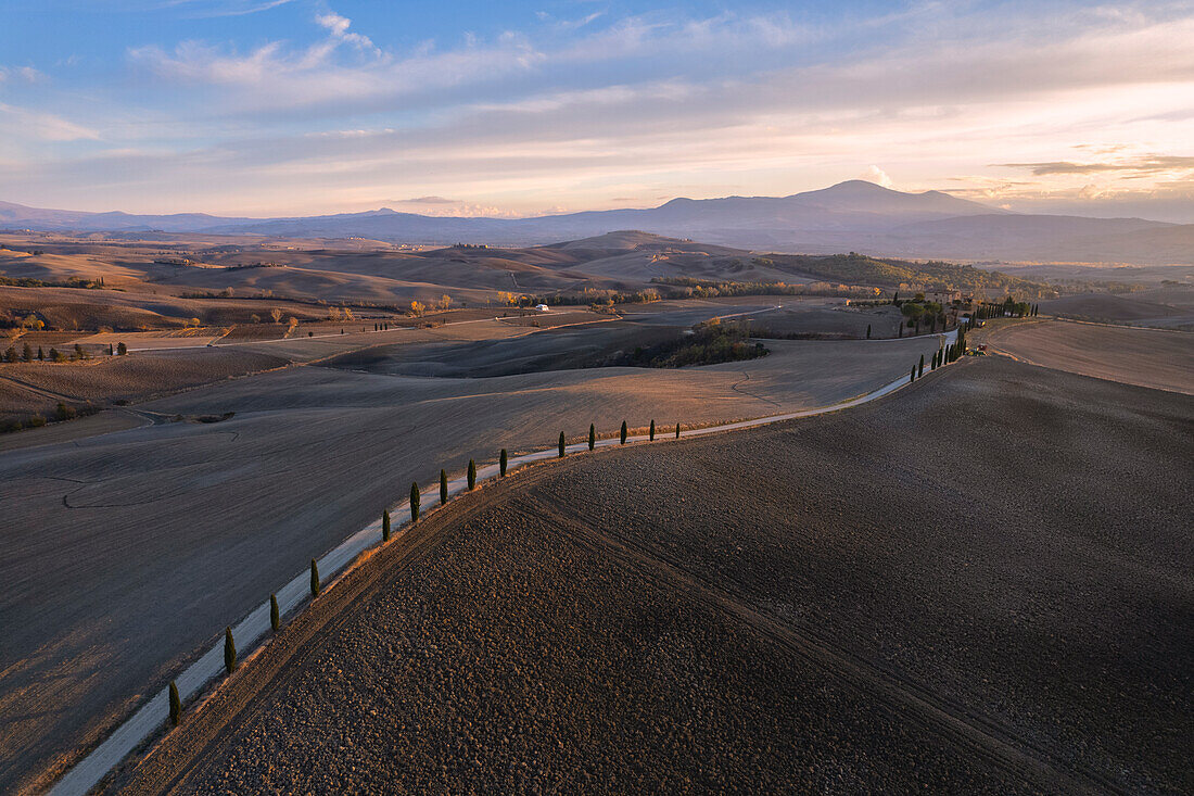 Gladiator path in Pienza at sunset, Orcia valley in Tuscany, Italy.