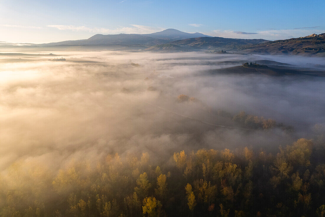 Aerial view in the morning, Orcia valley in Siena province, Tuscany, Italy.