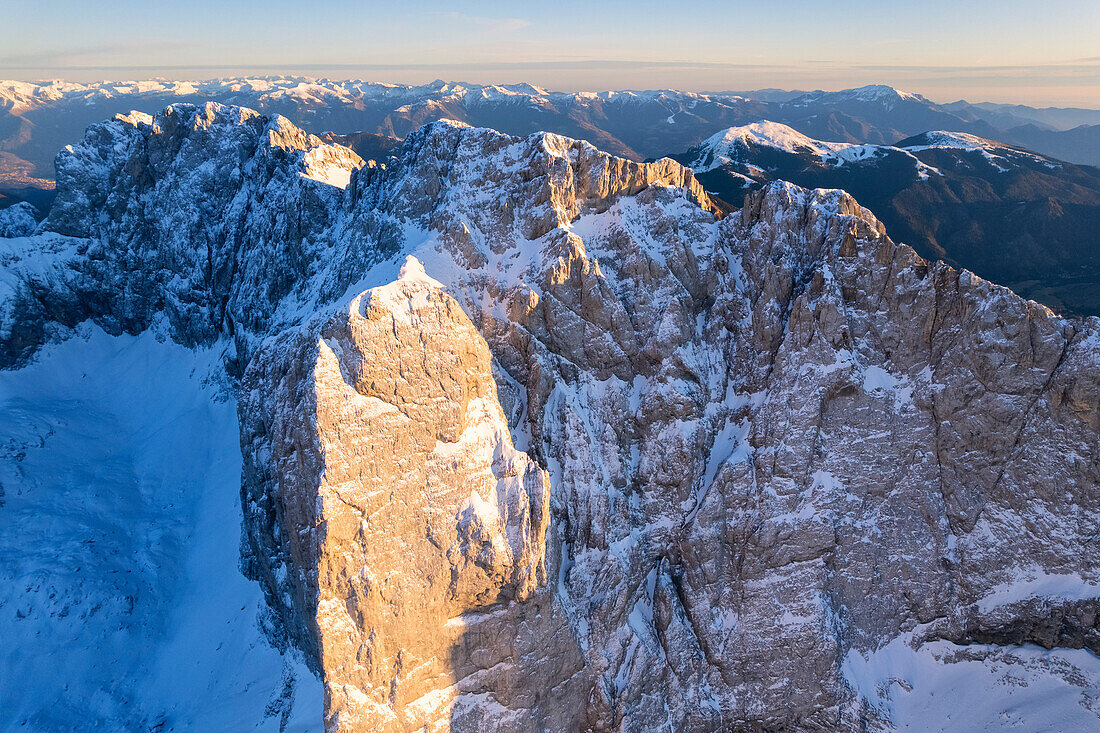 Mount Presolana aerial view at sunset in Bergamo province, Lombardy district, Italy.