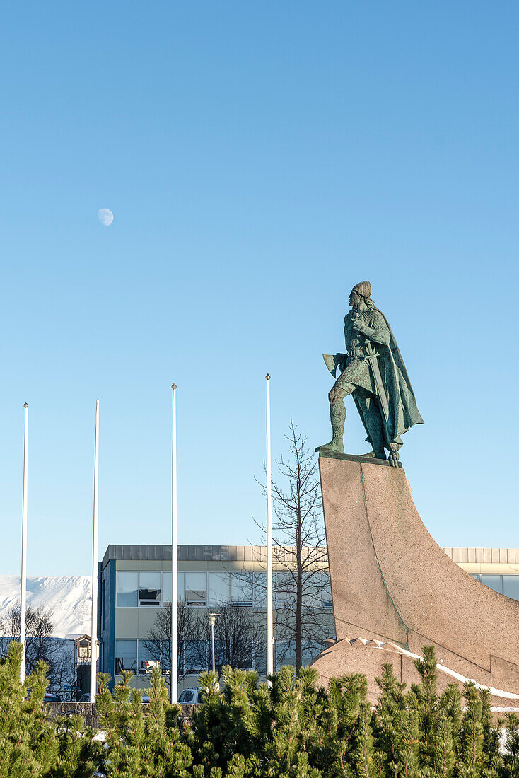 The explorer Leif Erikson looking at the Moon, Reykjavik, Iceland, Europe