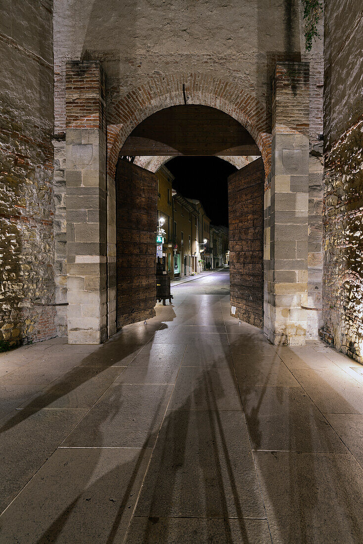 Verona door, historical entrancy in the center of Soave during the night Soave, Verona, Veneto, Italy, Europe, south Europe