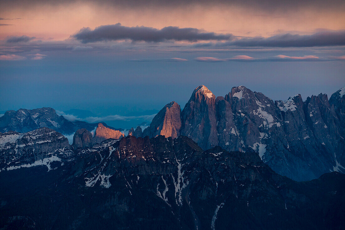 Agner at sunset, view from Punta Rocca (Marmolada). Veneto, Italy, Europe.