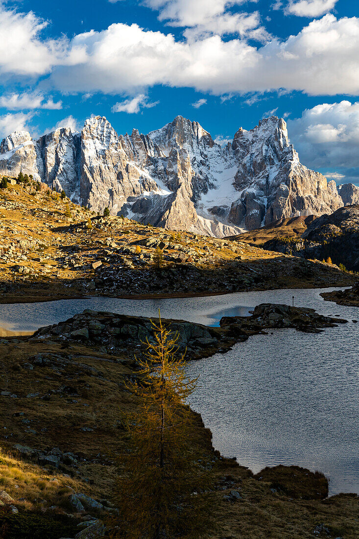 Juribrutto Lake with Pale di San Martino on the background. Paneveggio Natural Park, Trentino, Italy.