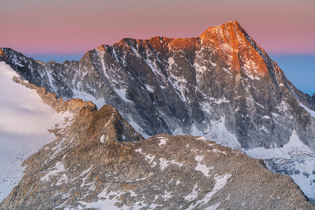 Adamello peak at dawn view from Venerocolo peak in Vallecamonica, Brescia province in Lombardy district, Italy.