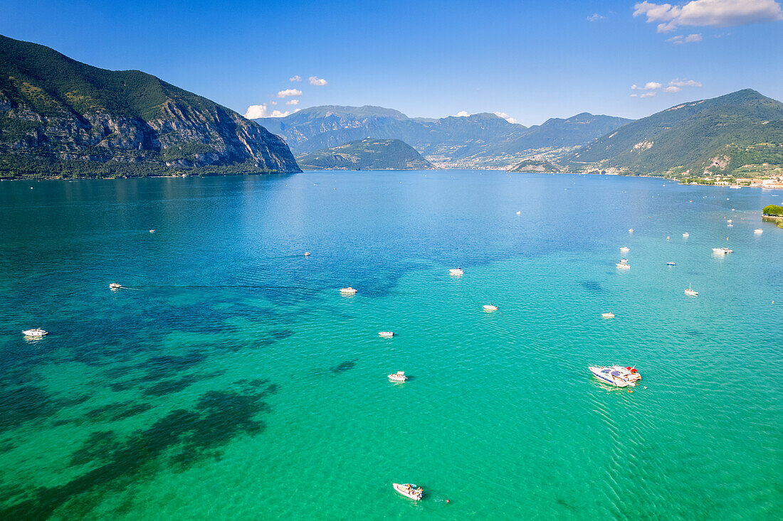 Iseo lake aerial view in summer days, Brescia province in Lombardy district, Italy, Europe.