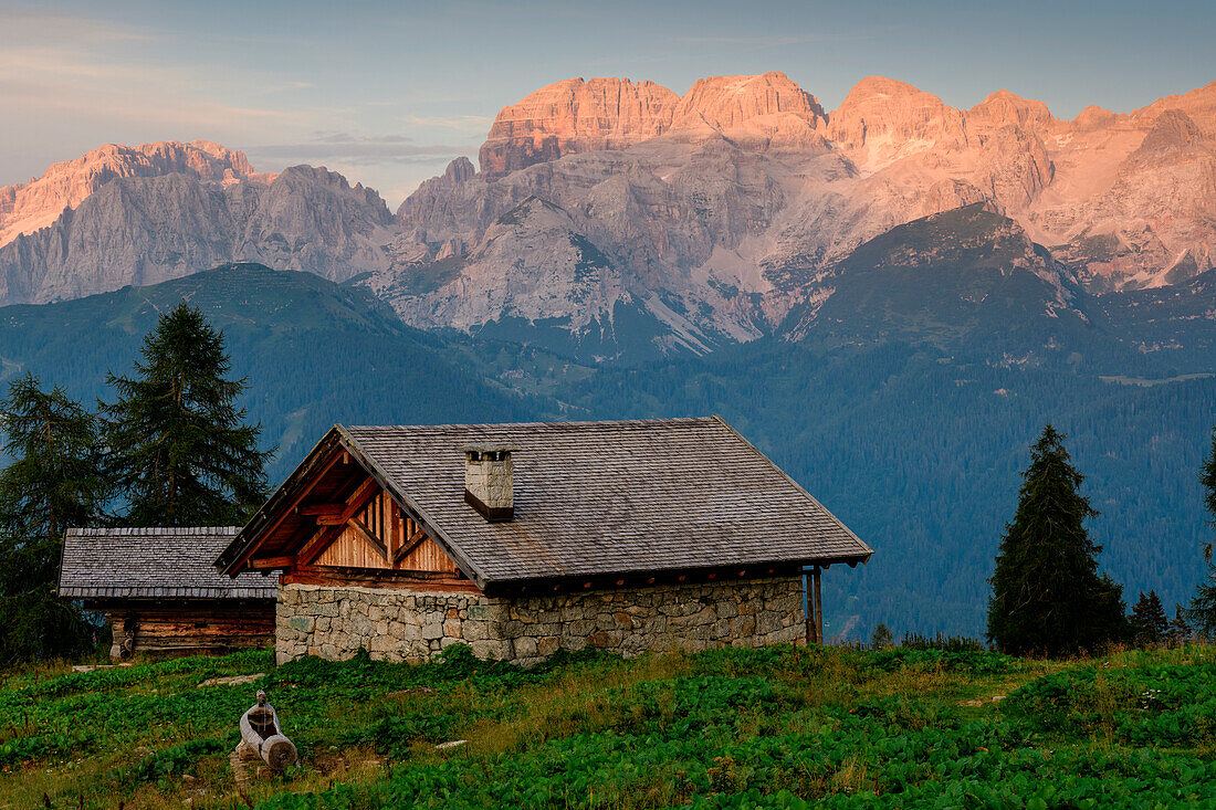 View of Brenta Dolomites at Sunset from Malga Campo, Trentino Alto Adige, Italy