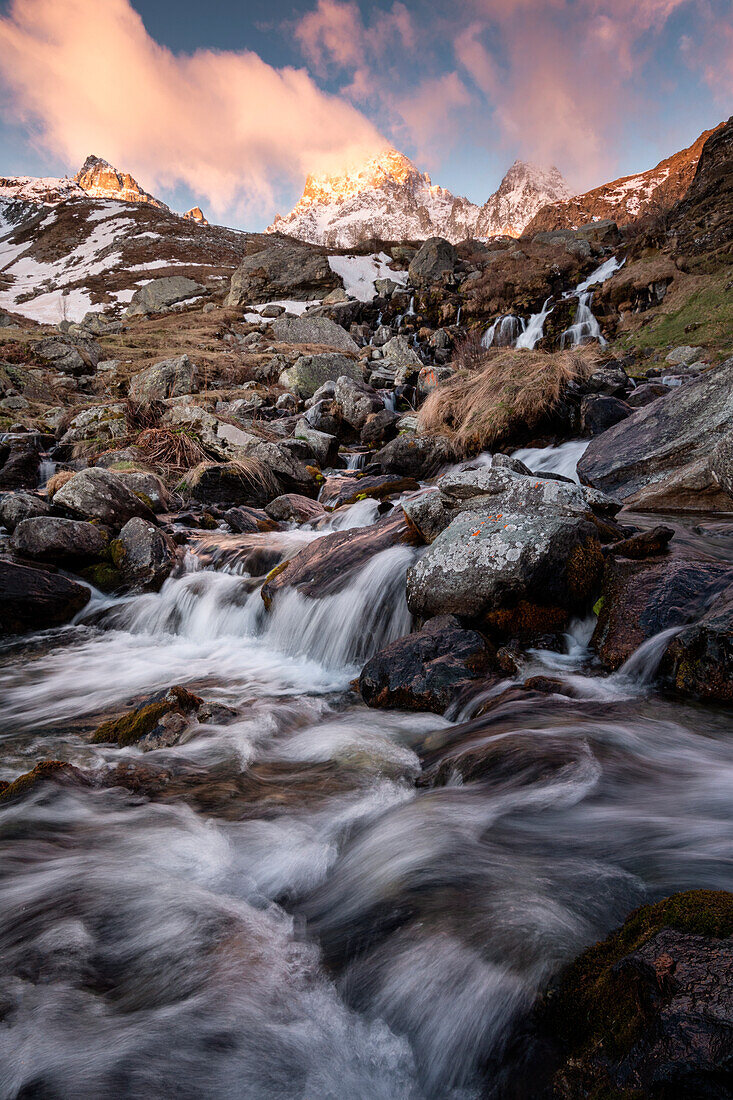 Spring Sunrise at Monviso,Monviso Natural Park, Po Valley, Crissolo, Cuneo province, Piedmont, Italy