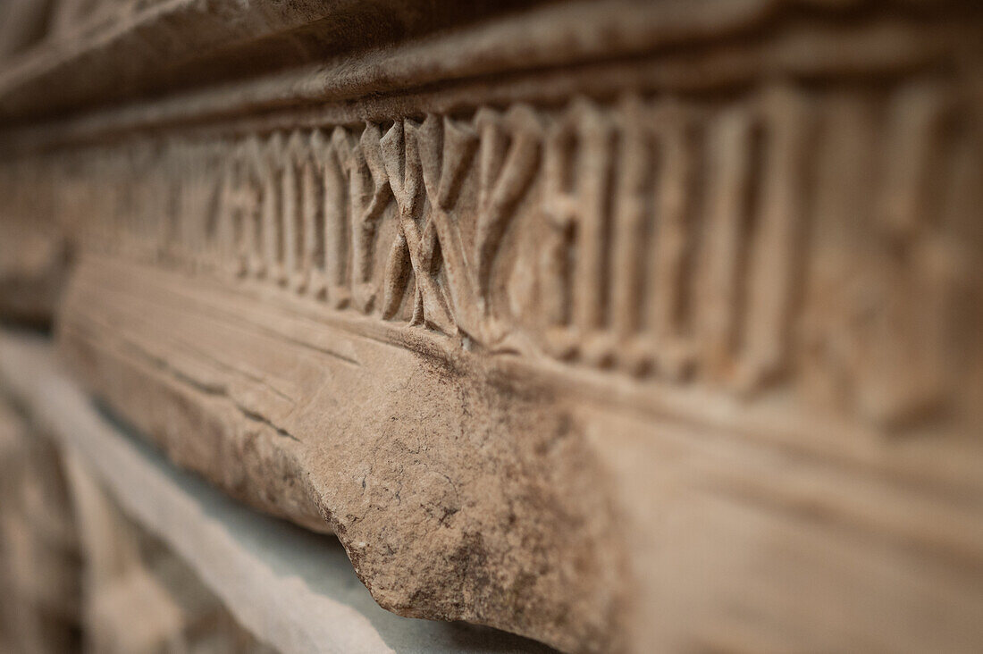 Details on the Tomb of King Ferdinand I (Fernando I) of Portugal (1345-1383). Gothic style sarcophagus. The Carmo Archaeological Museum (MAC), located in Carmo Convent, Lisbon, Portugal