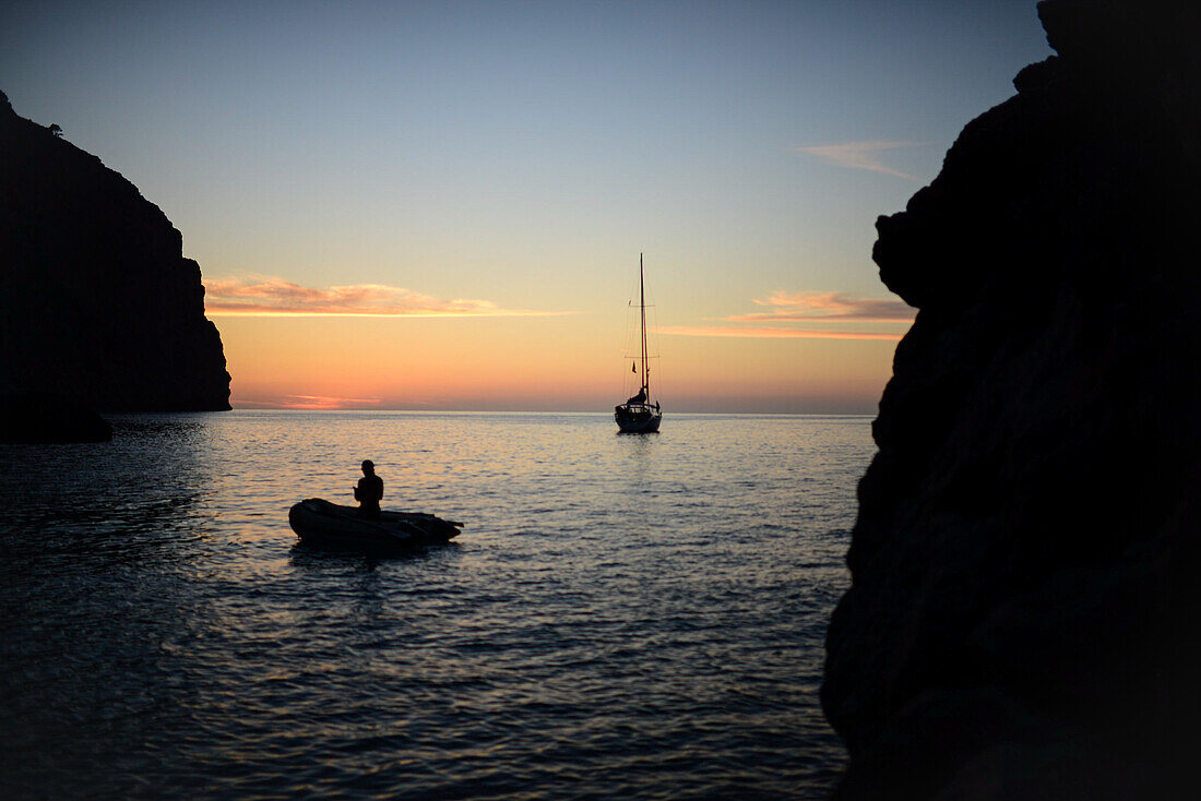 Sailing boat at sunset in Torrent de Pareis, Mallorca, Spain