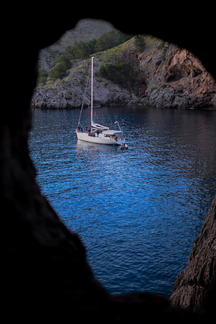 Sailing boat at sunset in Torrent de Pareis, Mallorca, Spain