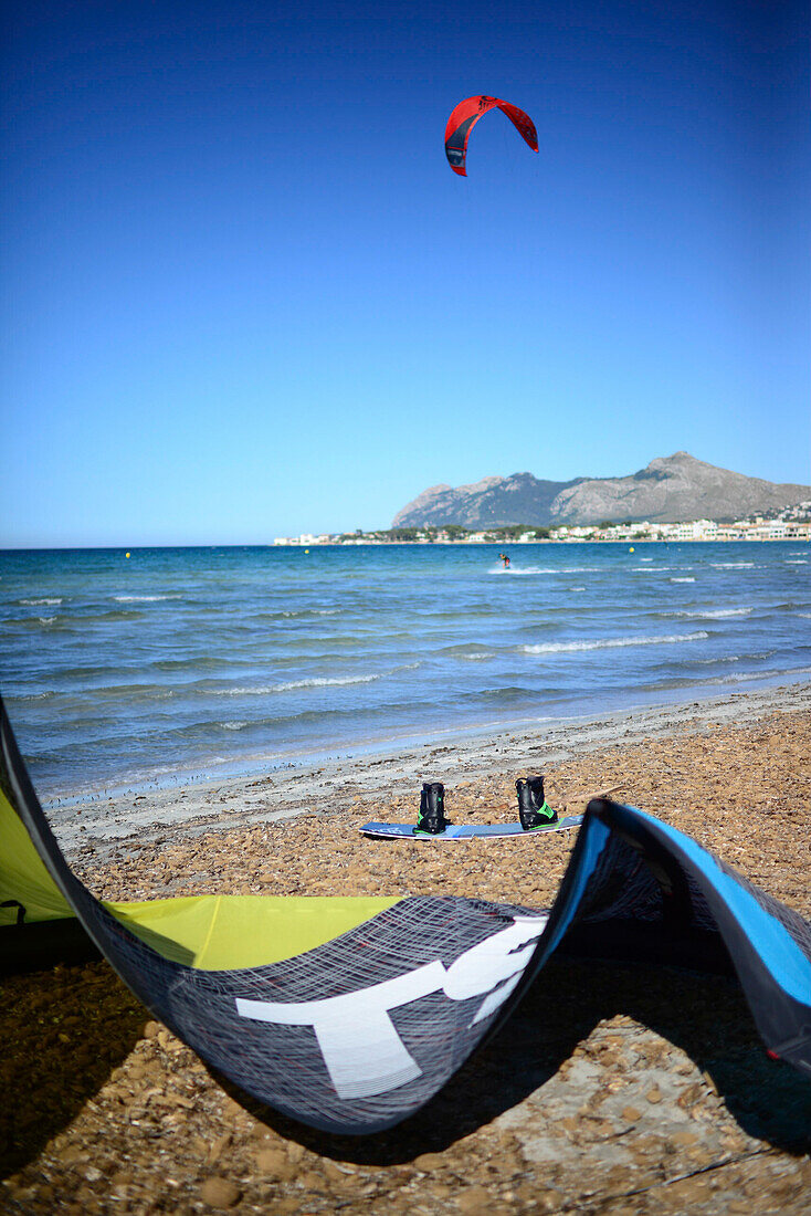 Kitesurfing in Port de Pollenca beach, Mallorca, Spain