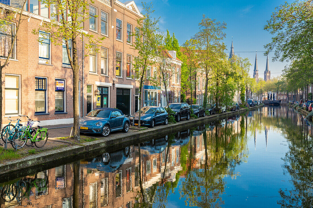 Canal and Maria Van Jesse Kerk (church) in Delft, South Holland (Zuid-Holland), Netherlands