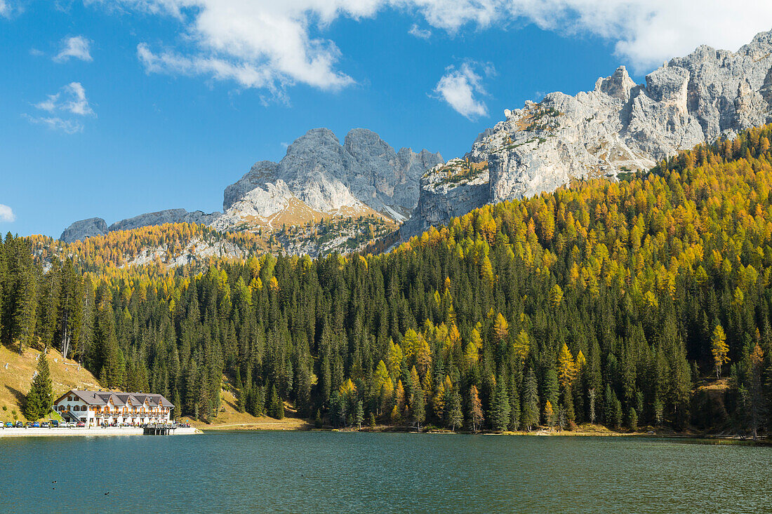 Braies Lake in Braies Valley, Bolzano Province, Trentino Alto Adige Region, Italy