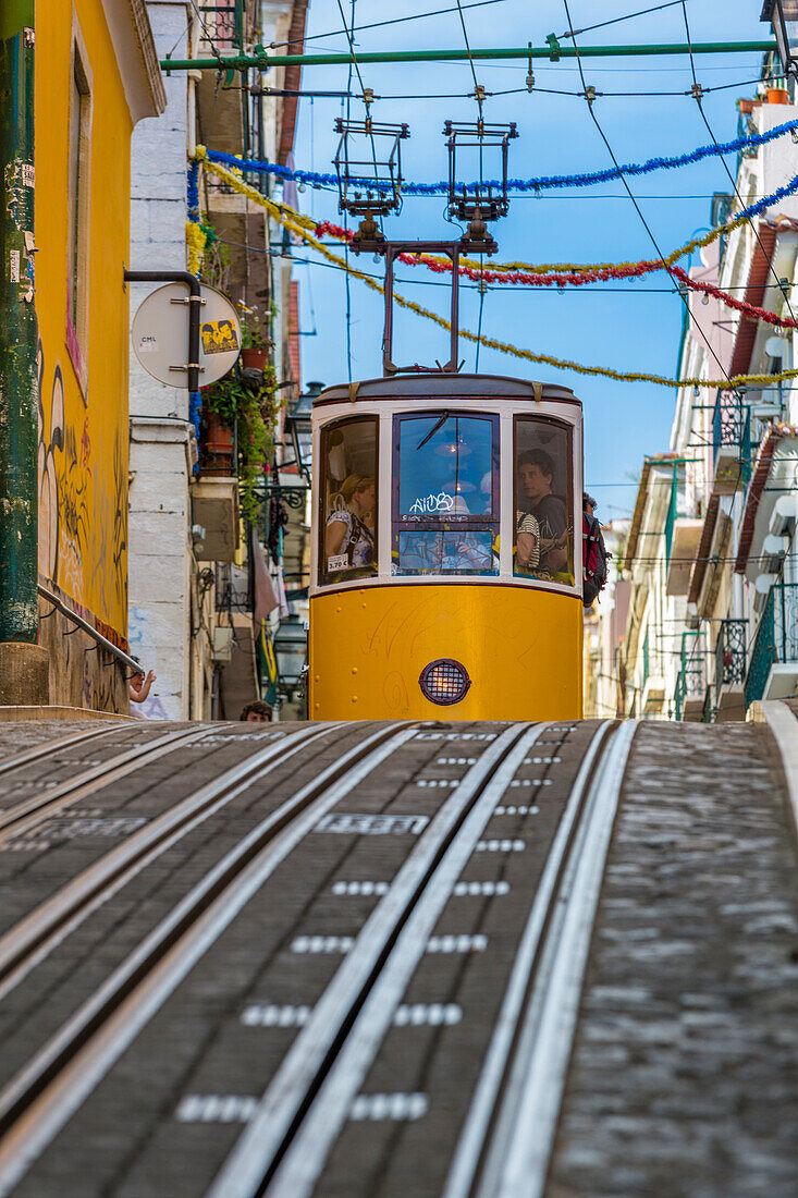 The Ascensor da Bica funicular railway in the Bairro Alto quarter in Lisbon, Portugal