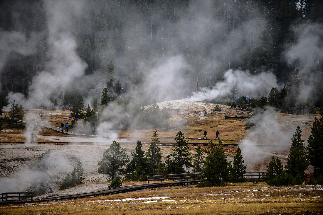 Visitors among fumaroles in Upper Geyser Basin, Yellowstone National Park, USA