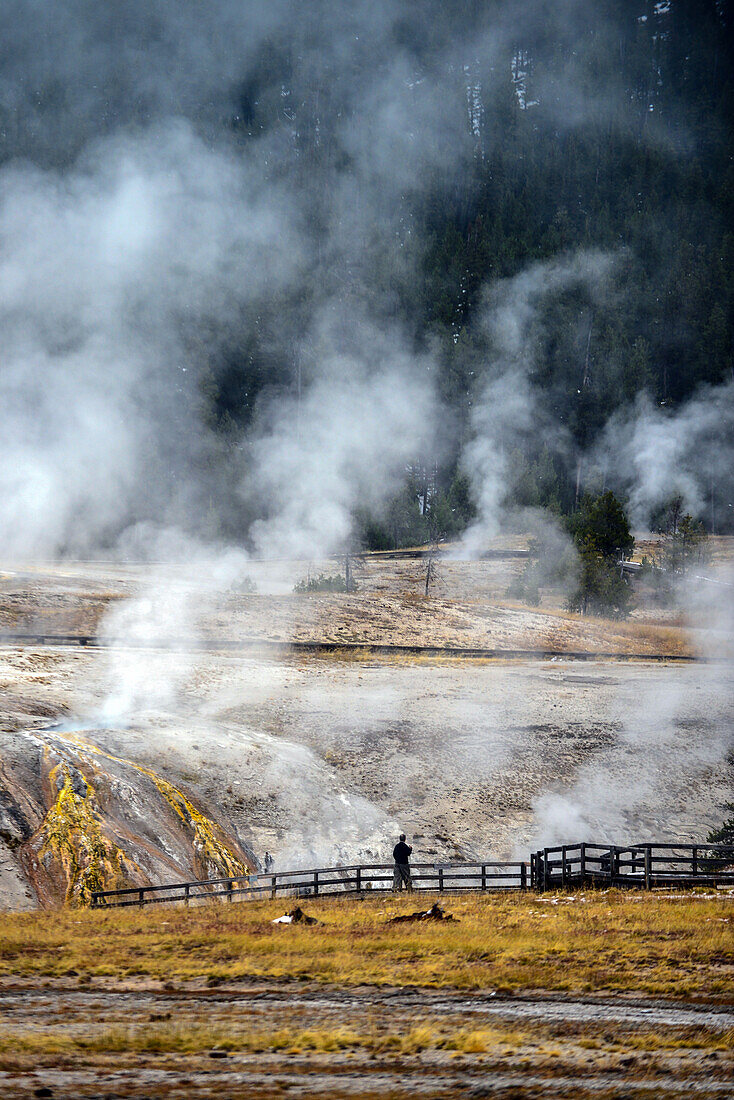 Person beobachtet Fumarolen im Upper Geyser Basin, Yellowstone-Nationalpark, USA