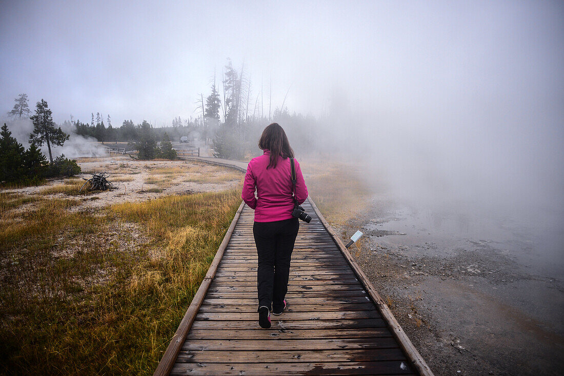 Young woman walking on wooden path in Yellowstone National Park, USA
