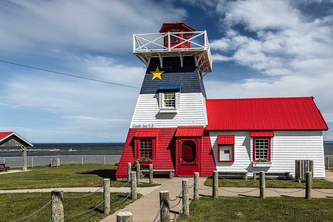 Wooden lighthouse and arcadian colors, grande-anse, new brunswick, canada, north america