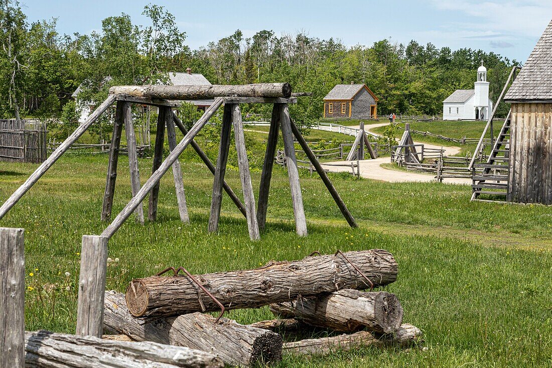 View of the village and the chapel built in 1831, historic acadian village, bertrand, new brunswick, canada, north america