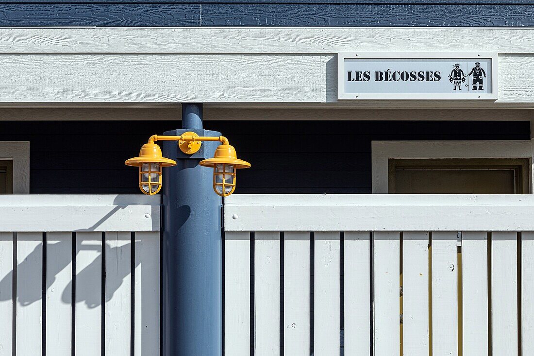 Public restrooms on the beach, called the becosses, popular expression for latrines in canada, caraquet, new brunswick, canada, north america