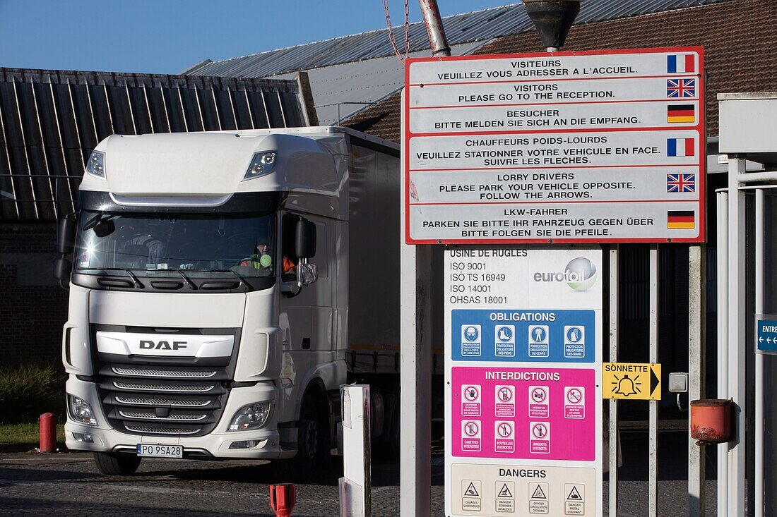 Entrance for the heavy-goods vehicles at the eurofoil factory, company specializing in aluminum metallurgy, rugles, eure, normandy, france