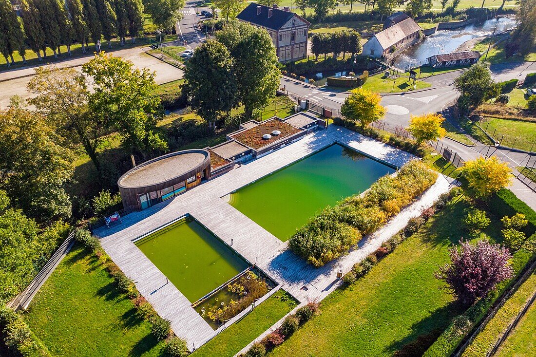 Organic swimming pool long the risle river, rugles, eure, normandy, france