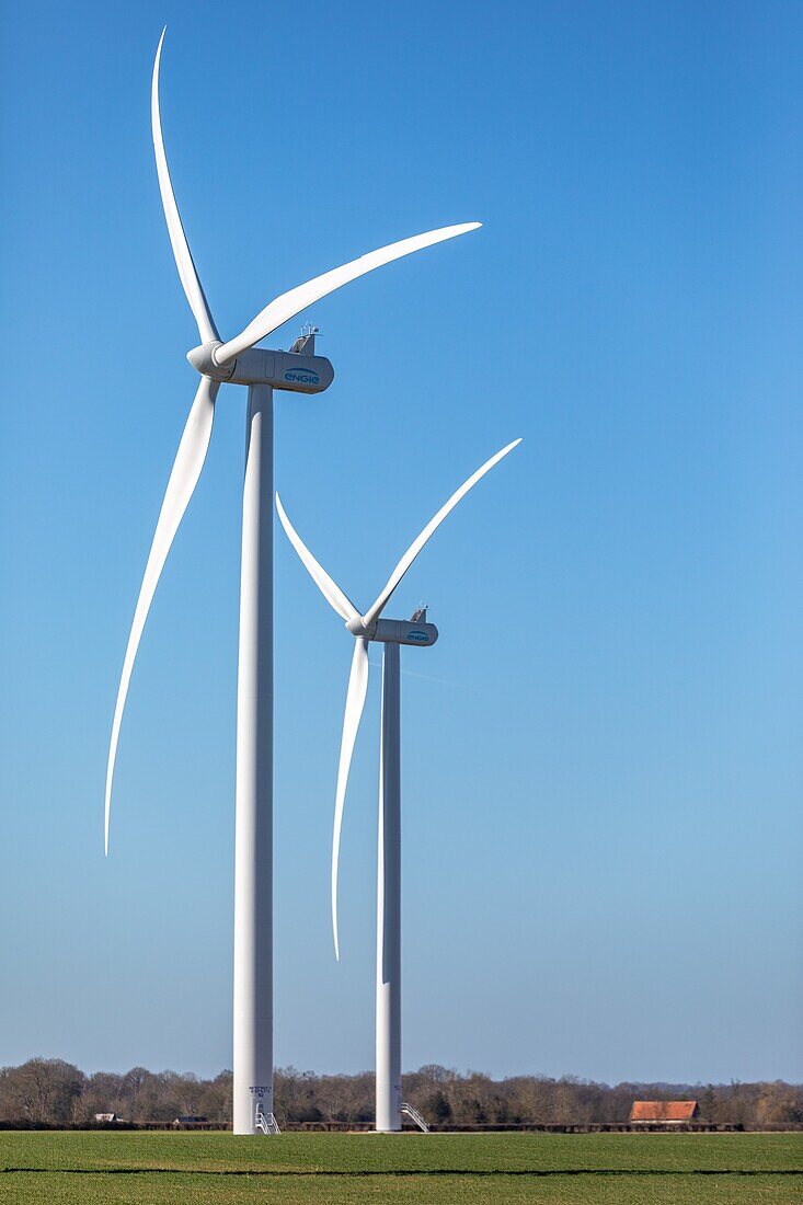 Windturbinen in der Landschaft des Departements der Eure, Energieautonomie, Normandie, Frankreich