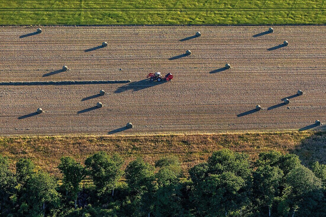 Tractor with a hay round baler, working the fields, eure, normandy, france