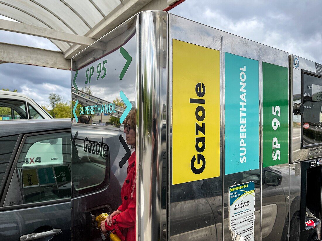 Gas pumps, service station with diesel, superethanol and unleaded 95, l'aigle, orne, france