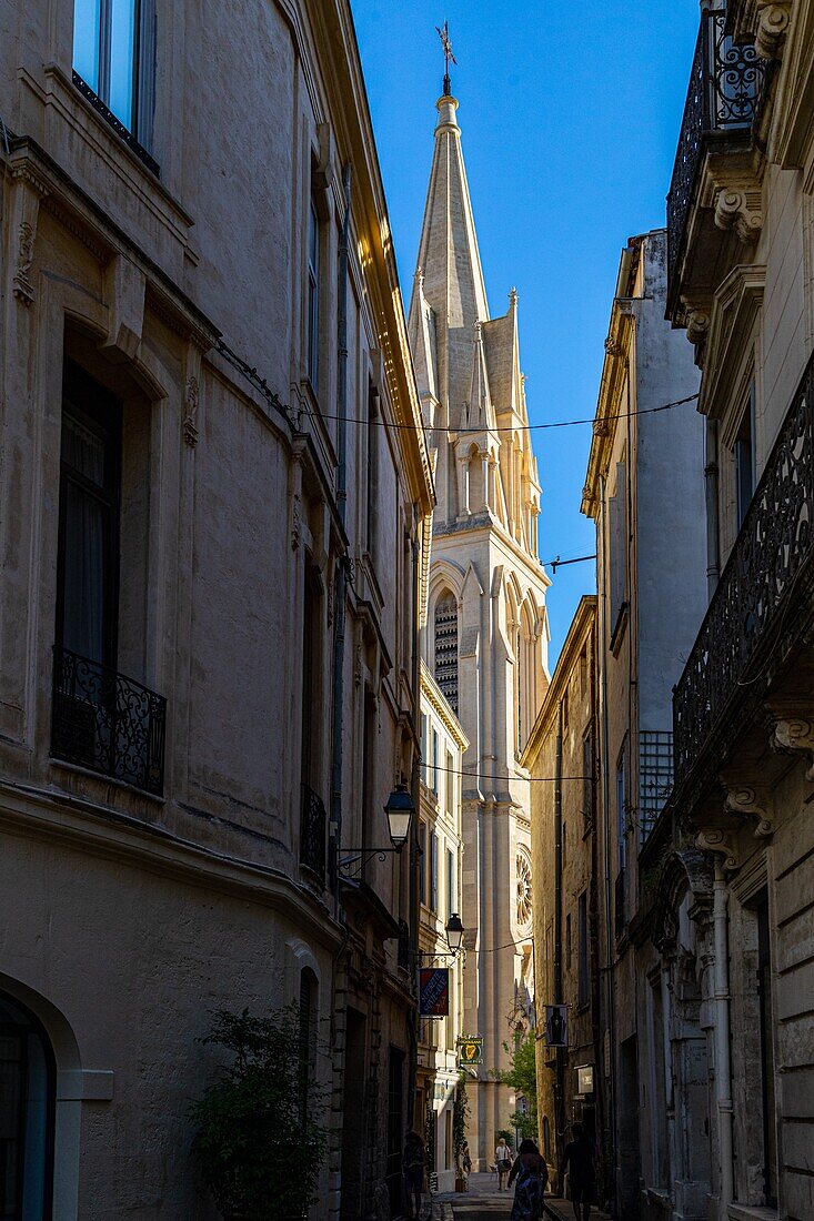 Alley leading to the place saint-anne (bell tower of the saint-anne church), montpellier, herault, occitanie, france