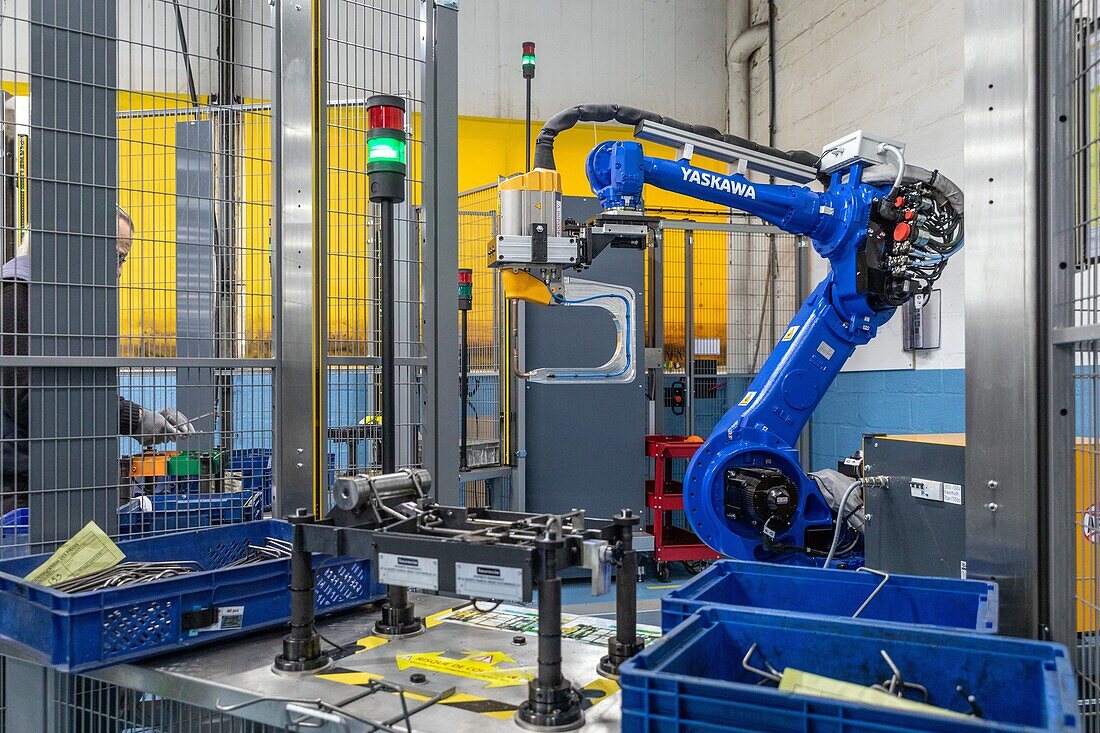 Robot used in the manufacturing of parts for the automobile industry, caliste-marquis company specializing in the manufacturing of articles made of metal wire, ambenay, eure, normandy, france