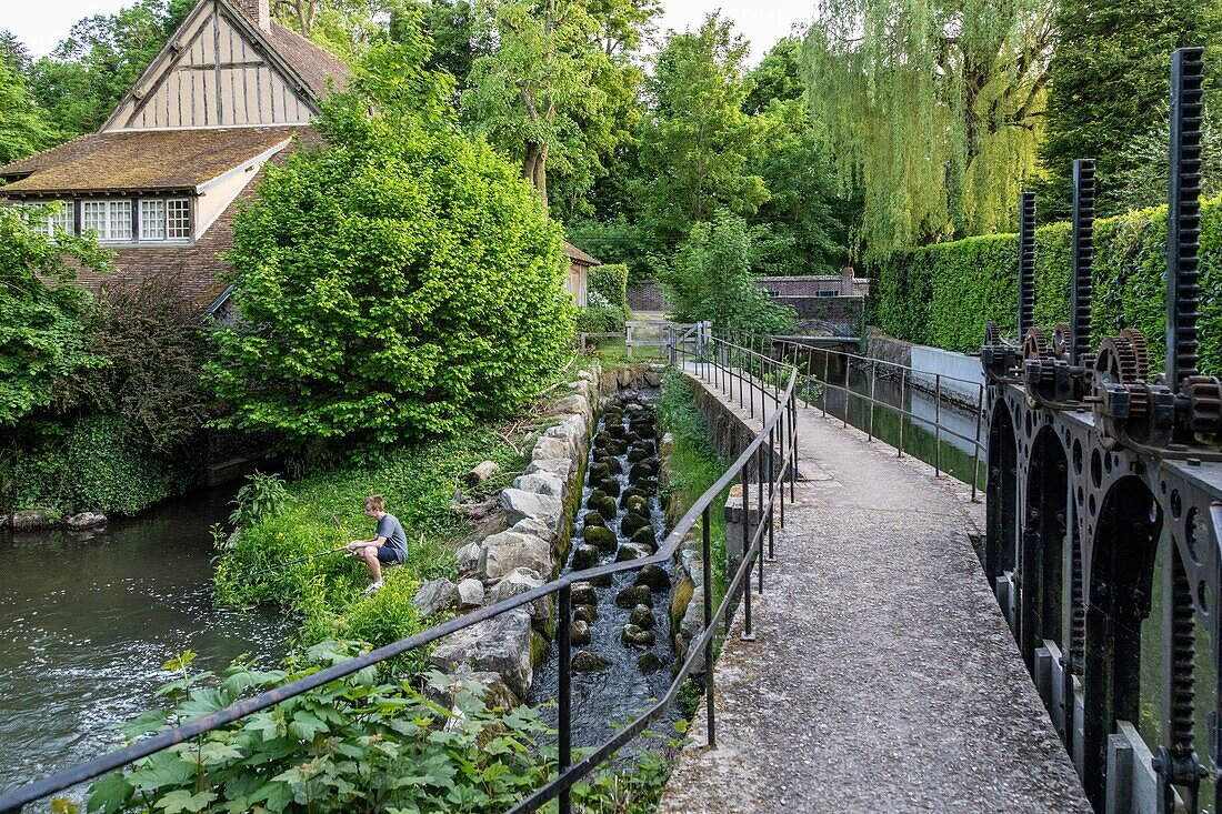 Bridge and iton river valley, eure, normandy, france