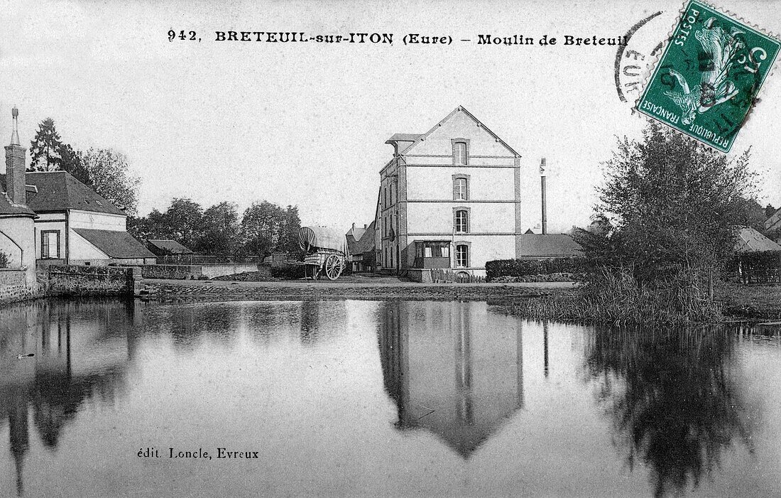 Old postcard of the mill of breteuil-sur-iton, iton river valley, eure, normandy, france